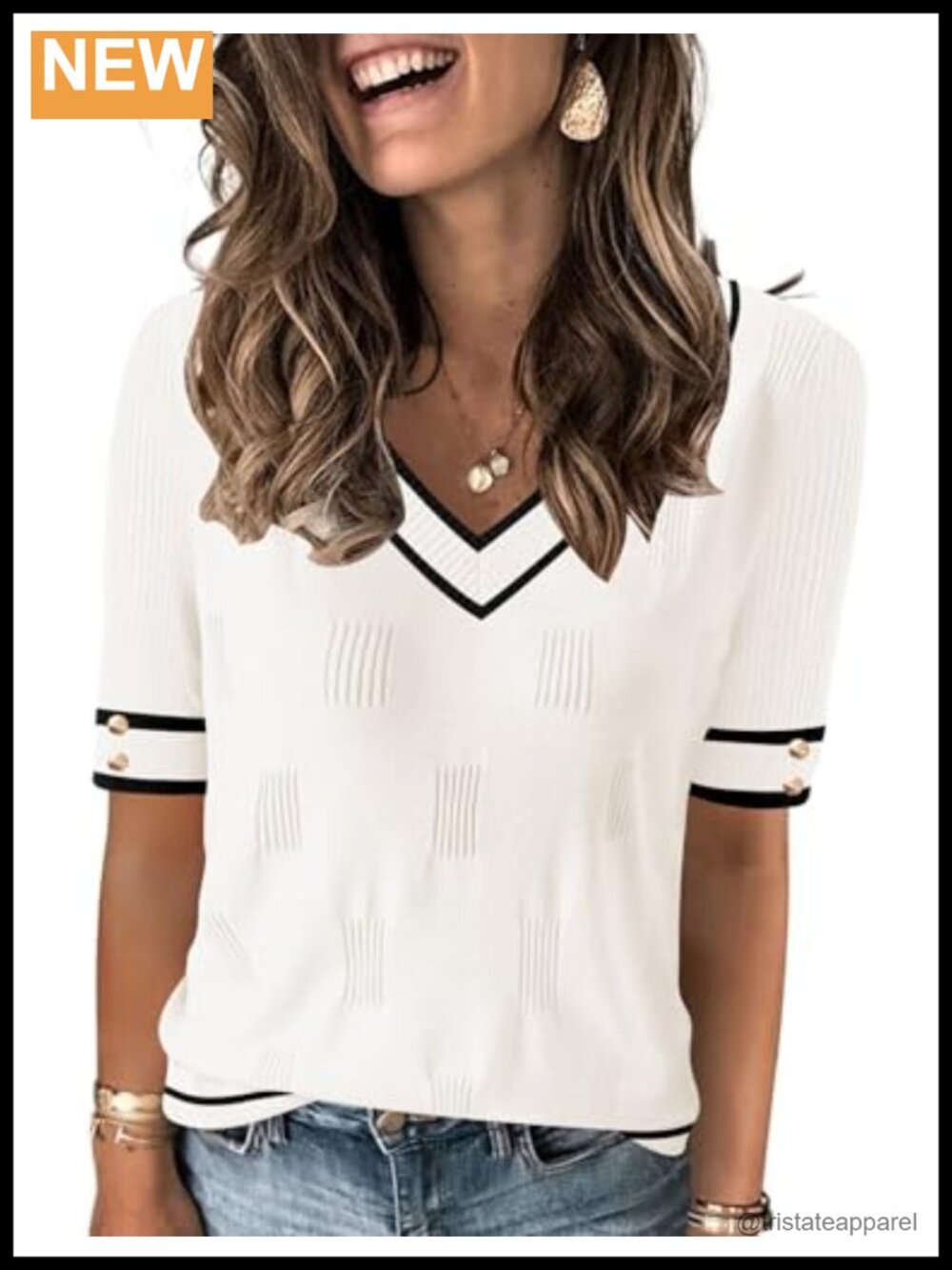 100% Viscose V-Neck Short Sleeve Sweater with Decorative Buttons Lightweight